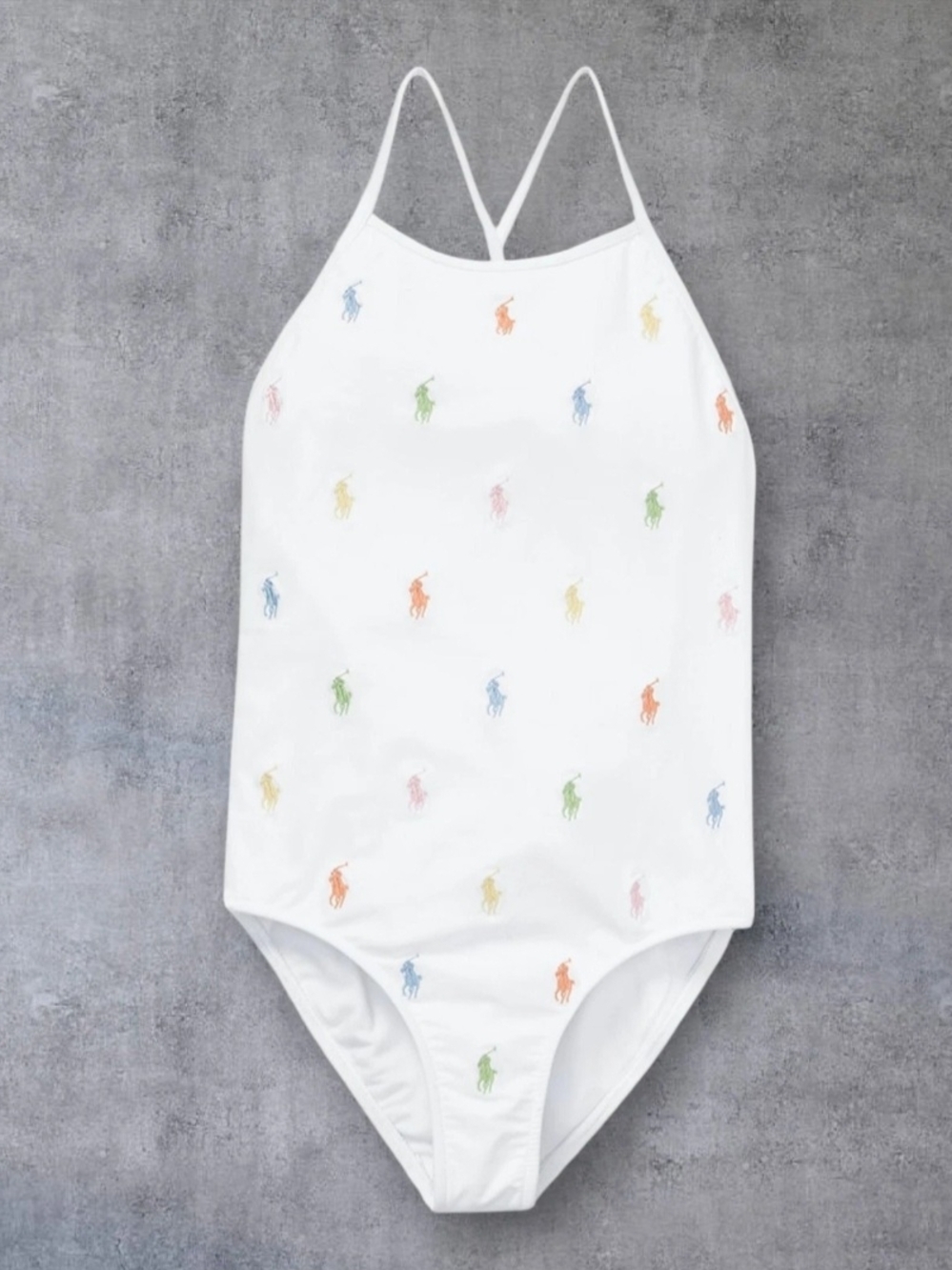 Ralph Lauren Polo Pony One Piece Swimsuit Girls 14 White Multicolor Logo